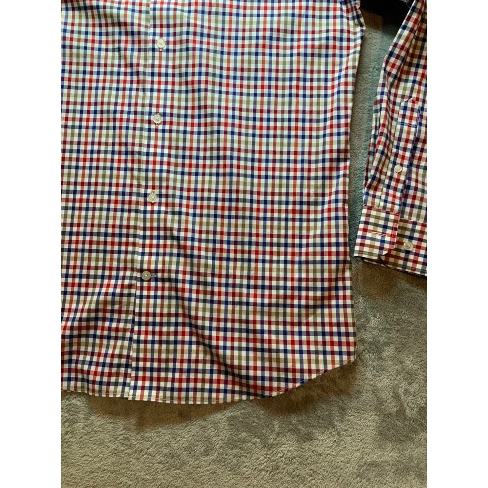 Banana Republic Grant Fit Shirt Mens Large Red Blue Gingham NoIron Stretch Shirt